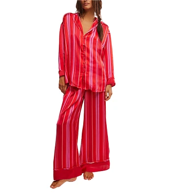 Free People Dreamy Days Allover Striped Satin Notch Collar Long Sleeve Wide Leg Oversized Pajama Set