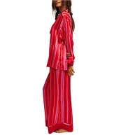 Free People Dreamy Days Allover Striped Satin Notch Collar Long Sleeve Wide Leg Oversized Pajama Set