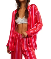 Free People Dreamy Days Allover Striped Satin Notch Collar Long Sleeve Wide Leg Oversized Pajama Set