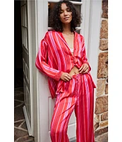 Free People Dreamy Days Allover Striped Satin Notch Collar Long Sleeve Wide Leg Oversized Pajama Set