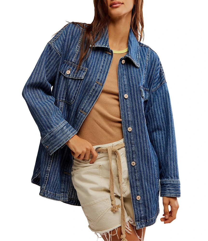 Free People Dunes Stripe Collared Oversize Fit Button Front Denim Shirt Jacket