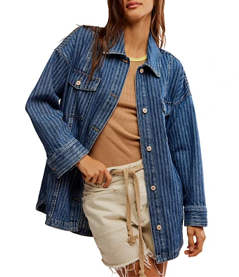 Free People Dunes Stripe Collared Oversize Fit Button Front Denim Shirt Jacket