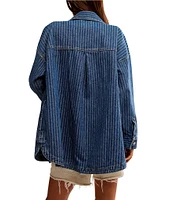 Free People Dunes Stripe Collared Oversize Fit Button Front Denim Shirt Jacket
