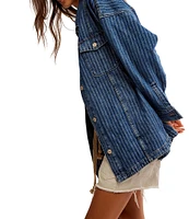 Free People Dunes Stripe Collared Oversize Fit Button Front Denim Shirt Jacket