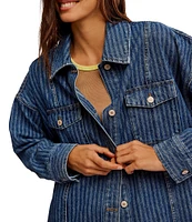 Free People Dunes Stripe Collared Oversize Fit Button Front Denim Shirt Jacket