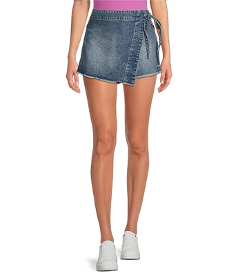 Free People Emmy Denim High Waisted Asymmetric Raw Hem Tie Side Mini Skort