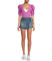 Free People Emmy Denim High Waisted Asymmetric Raw Hem Tie Side Mini Skort
