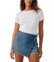 Free People Emmy Denim High Waisted Asymmetric Raw Hem Tie Side Mini Skort