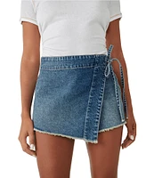 Free People Emmy Denim High Waisted Asymmetric Raw Hem Tie Side Mini Skort