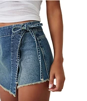 Free People Emmy Denim High Waisted Asymmetric Raw Hem Tie Side Mini Skort