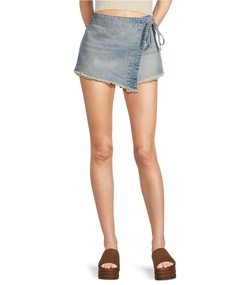 Free People Emmy Denim High Waisted Asymmetric Raw Hem Tie Side Mini Skort