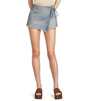 Free People Emmy Denim High Waisted Asymmetric Raw Hem Tie Side Mini Skort