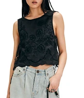 Free People Faded Gardens Floral Embroidery Scoop Neck Sleeveless Adjustable Side Tie Top