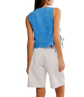 Free People Faded Gardens Floral Embroidery Scoop Neck Sleeveless Adjustable Side Tie Top
