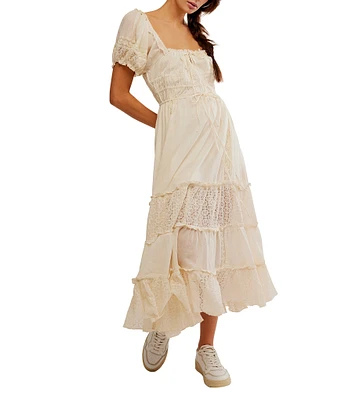 Free People Falling Sun Square Neck Short Puff Sleeve Tiered Midi Dress