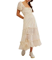 Free People Falling Sun Square Neck Short Puff Sleeve Tiered Midi Dress