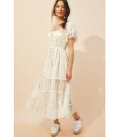 Free People Falling Sun Square Neck Short Puff Sleeve Tiered Midi Dress