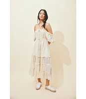 Free People Falling Sun Square Neck Short Puff Sleeve Tiered Midi Dress