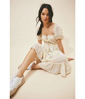 Free People Falling Sun Square Neck Short Puff Sleeve Tiered Midi Dress