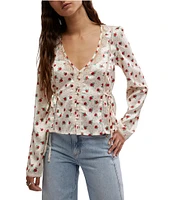 Free People Field Of Roses Satin Floral Print V-Neck Long Sleeve Button Front Top