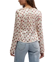 Free People Field Of Roses Satin Floral Print V-Neck Long Sleeve Button Front Top