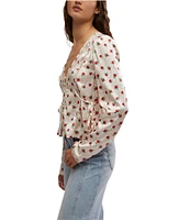 Free People Field Of Roses Satin Floral Print V-Neck Long Sleeve Button Front Top