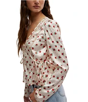 Free People Field Of Roses Satin Floral Print V-Neck Long Sleeve Button Front Top