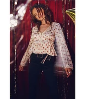 Free People Field Of Roses Satin Floral Print V-Neck Long Sleeve Button Front Top