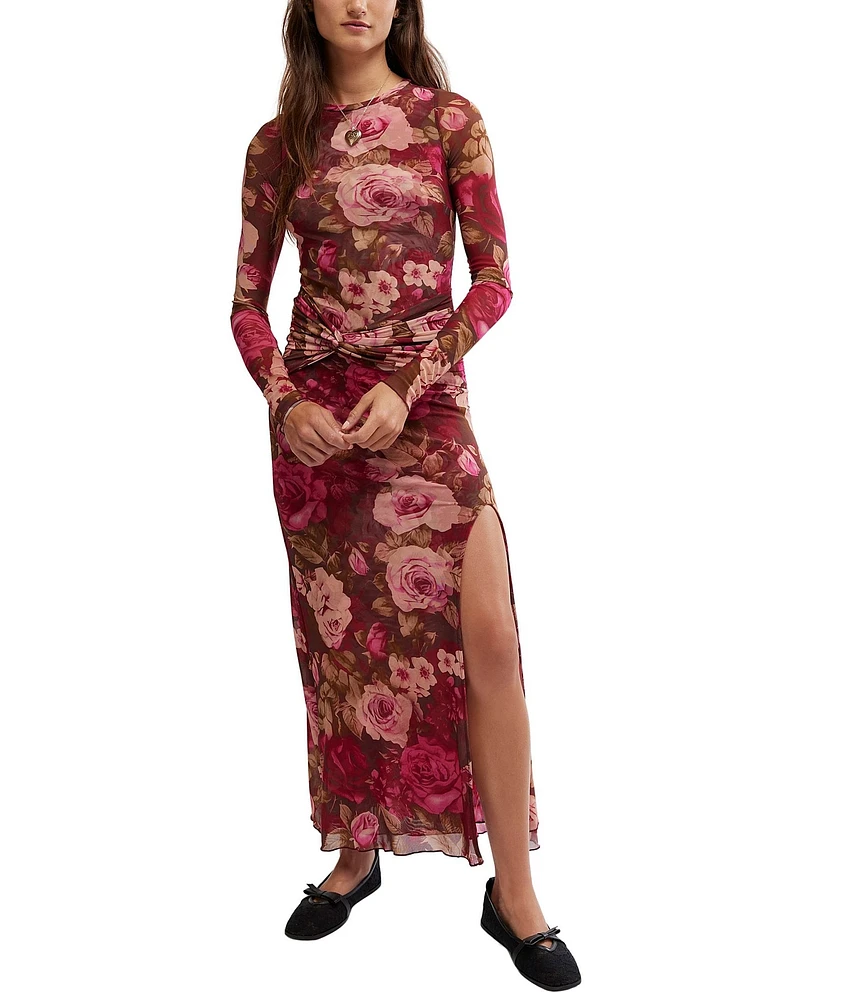 Free People Gianni Mesh Floral Print Crew Neck Long Sleeve Maxi Dress