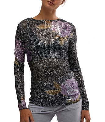 Free People Gold Rush Floral Print Sequin Crew Neck Long Sleeve Top