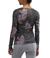 Free People Gold Rush Floral Print Sequin Crew Neck Long Sleeve Top