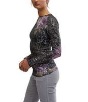 Free People Gold Rush Floral Print Sequin Crew Neck Long Sleeve Top