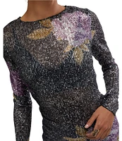 Free People Gold Rush Floral Print Sequin Crew Neck Long Sleeve Top