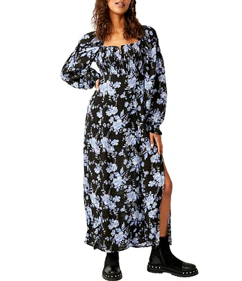 Free People Jaymes Floral Print Square Neck Long Sleeves Midi Dress