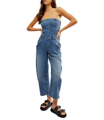 Free People Je Suis Pret Strapless Barrel Leg Denim Jumpsuit