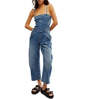 Free People Je Suis Pret Strapless Barrel Leg Denim Jumpsuit