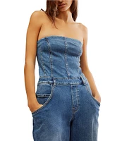 Free People Je Suis Pret Strapless Barrel Leg Denim Jumpsuit