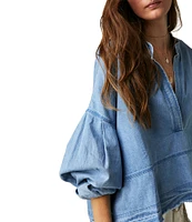 Free People Jude Denim V-Neck Long Puff Sleeve Pullover