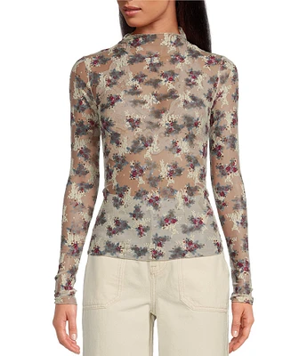 Free People Lady Lux Floral Print Sheer Mock Neck Long Sleeve Layering Top