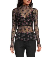 Free People Lady Lux Floral Print Sheer Mock Neck Long Sleeve Layering Top