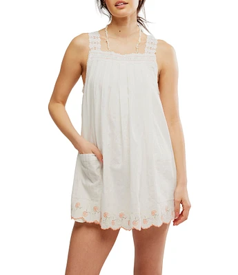 Free People Latecia Square Neck Sleeveless Embroidered Scalloped Hem Mini Dress