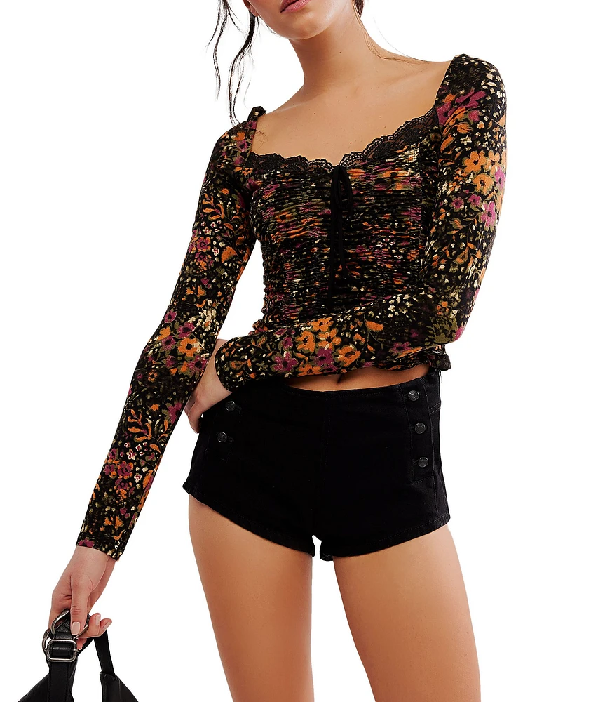 Free People Layer It On Me Floral Print Sweetheart Neck Long Sleeve Lace Trim Cropped Top