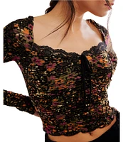 Free People Layer It On Me Floral Print Sweetheart Neck Long Sleeve Lace Trim Cropped Top