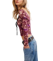 Free People Layer It On Me Floral Print Sweetheart Neck Long Sleeve Lace Trim Cropped Top