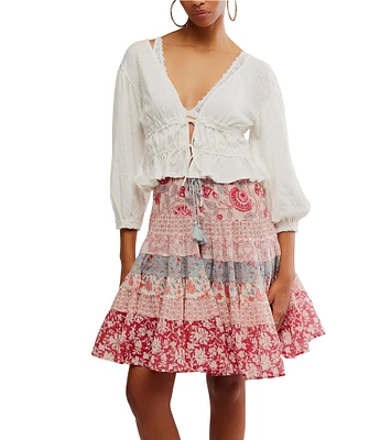 Free People Let's Go Linen Blend Plunge V-Neck 3/4 Sleeve Tie-Front Top