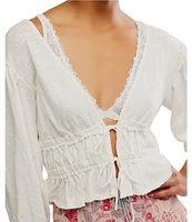 Free People Let's Go Linen Blend Plunge V-Neck 3/4 Sleeve Tie-Front Top