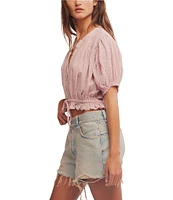Free People Little Cloud Split Neck Short Puff Sleeve Shirt