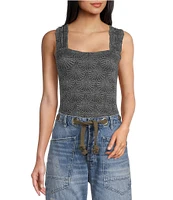 Free People Love Letter Jacquard Floral Square Neck Sleeveless Wide Strap Cami Top