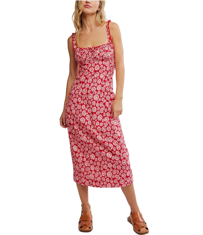 Free People Lucinda Daisy Print Square Neck Sleeveless Tie-Back Sheath Dress