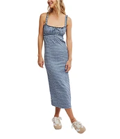 Free People Lucinda Gingham Plaid Square Neck Sleeveless Fitted Midi Dress